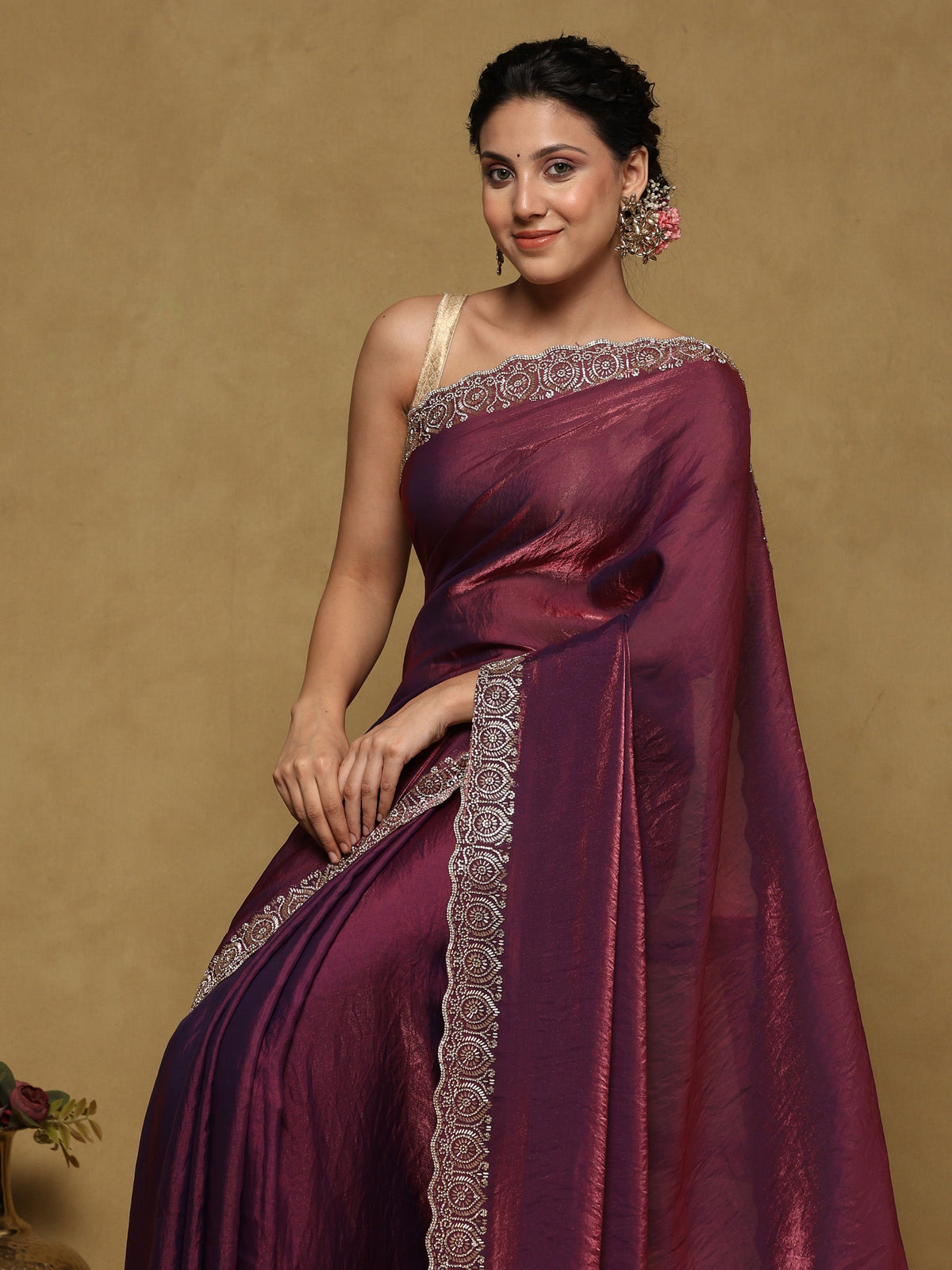 Wine Embroidered Tissue Saree