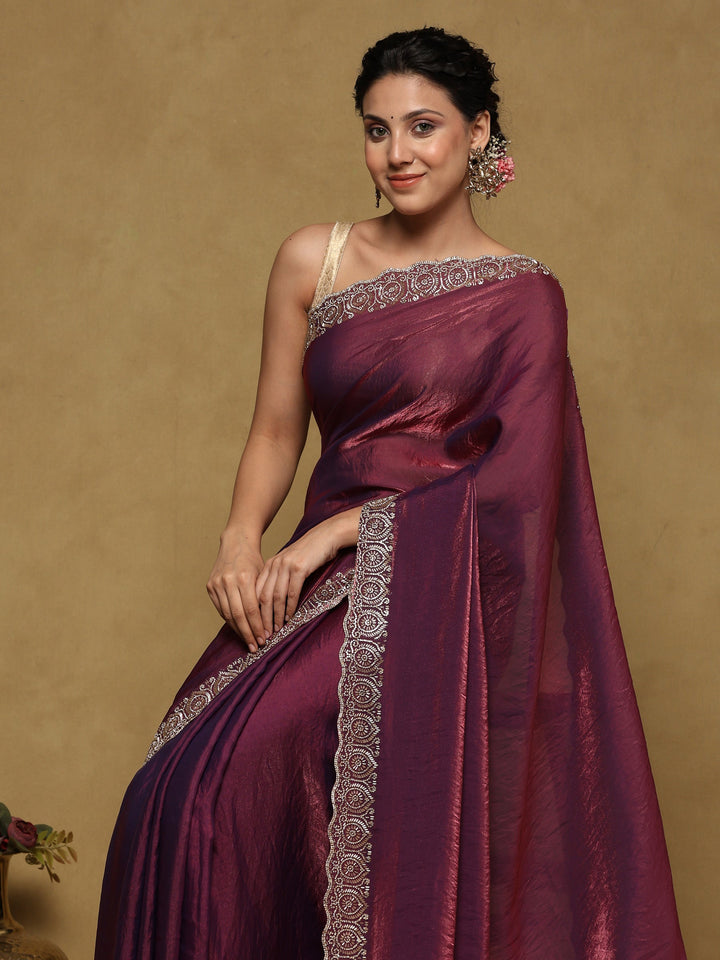 Wine Embroidered Tissue Saree