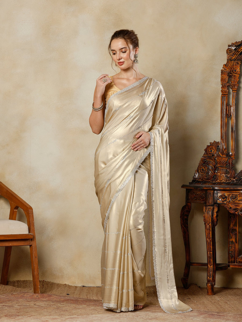 Beige Embroidered Tissue Saree