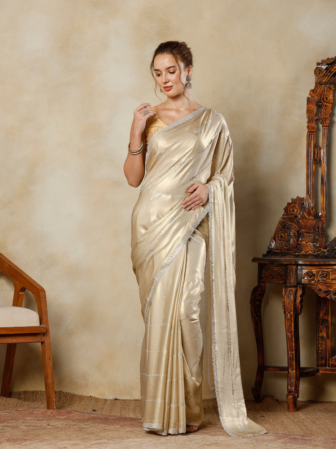 Beige Embroidered Tissue Saree