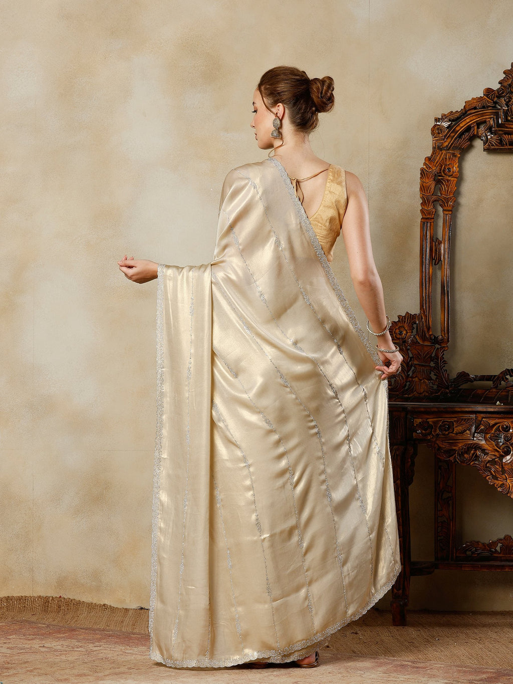 Beige Embroidered Tissue Saree