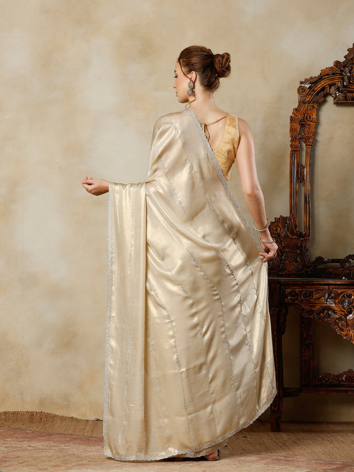 Beige Embroidered Tissue Saree