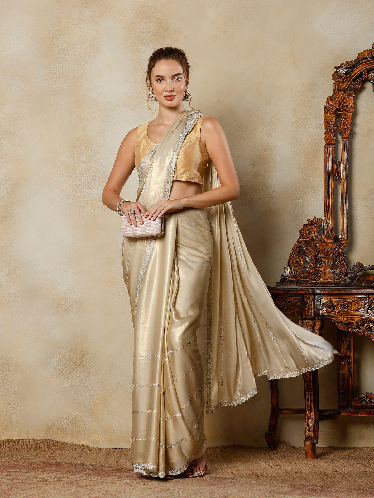 Beige Embroidered Tissue Saree