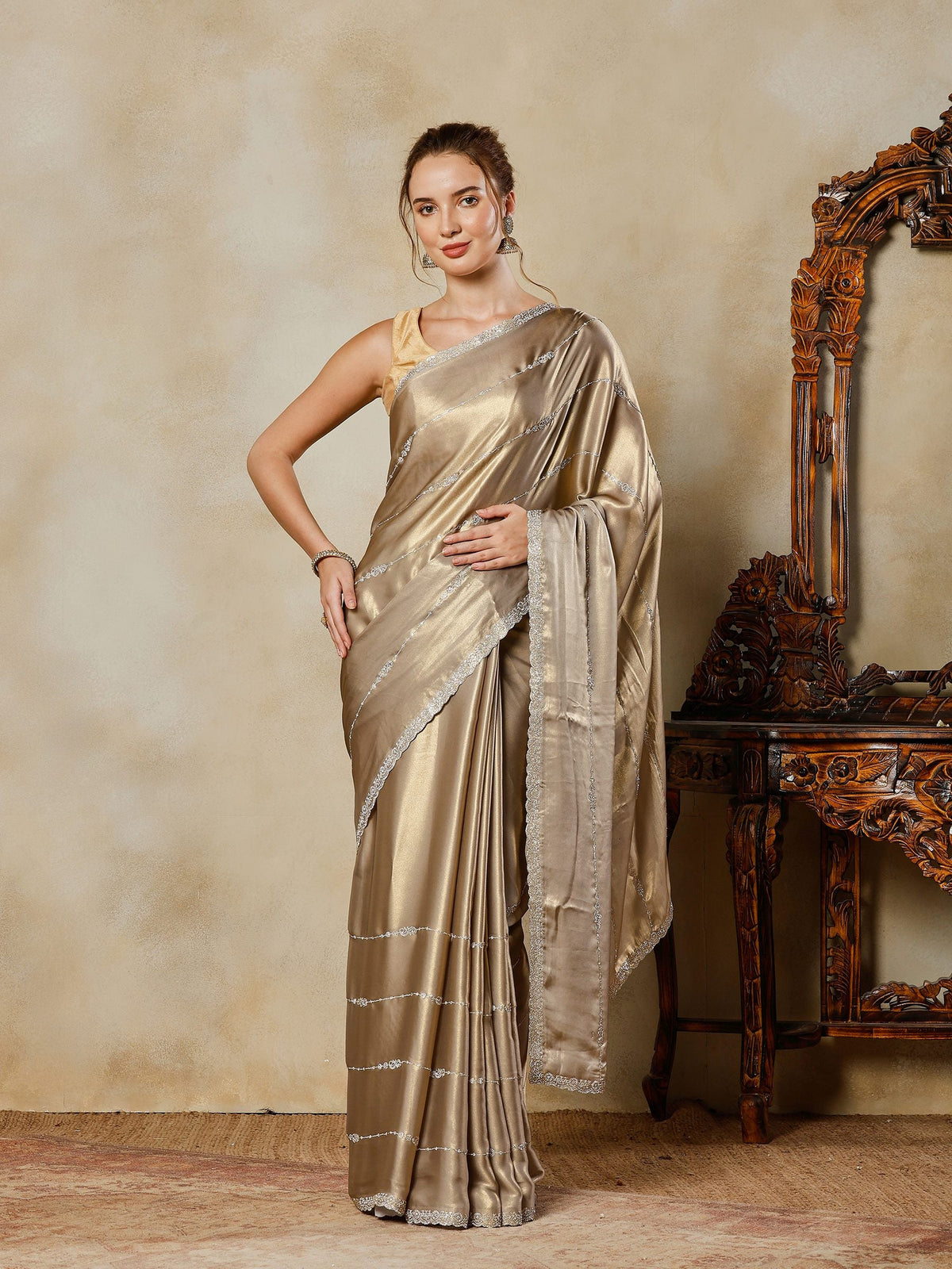 Grey Embroidered Tissue Saree