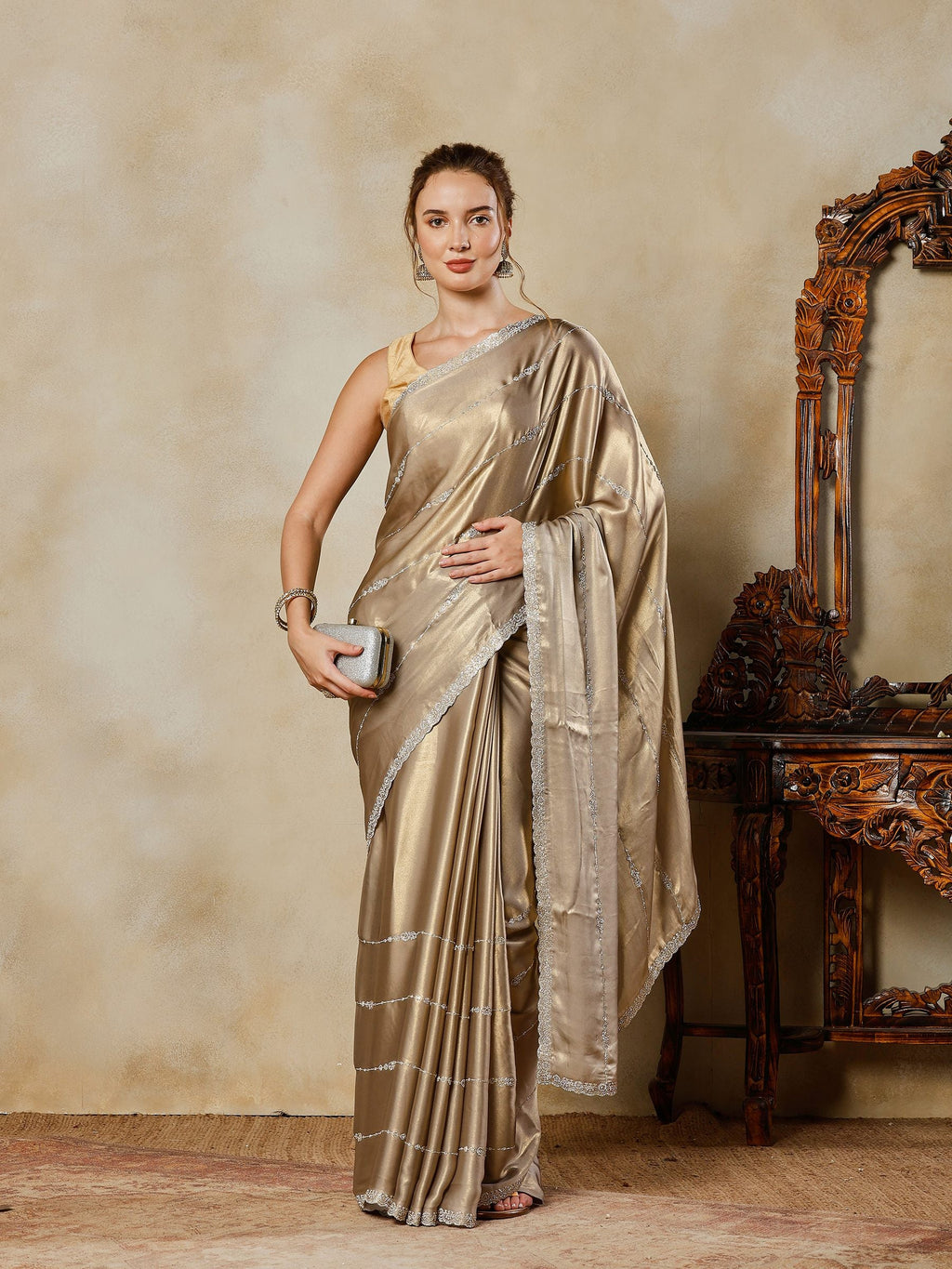 Grey Embroidered Tissue Saree
