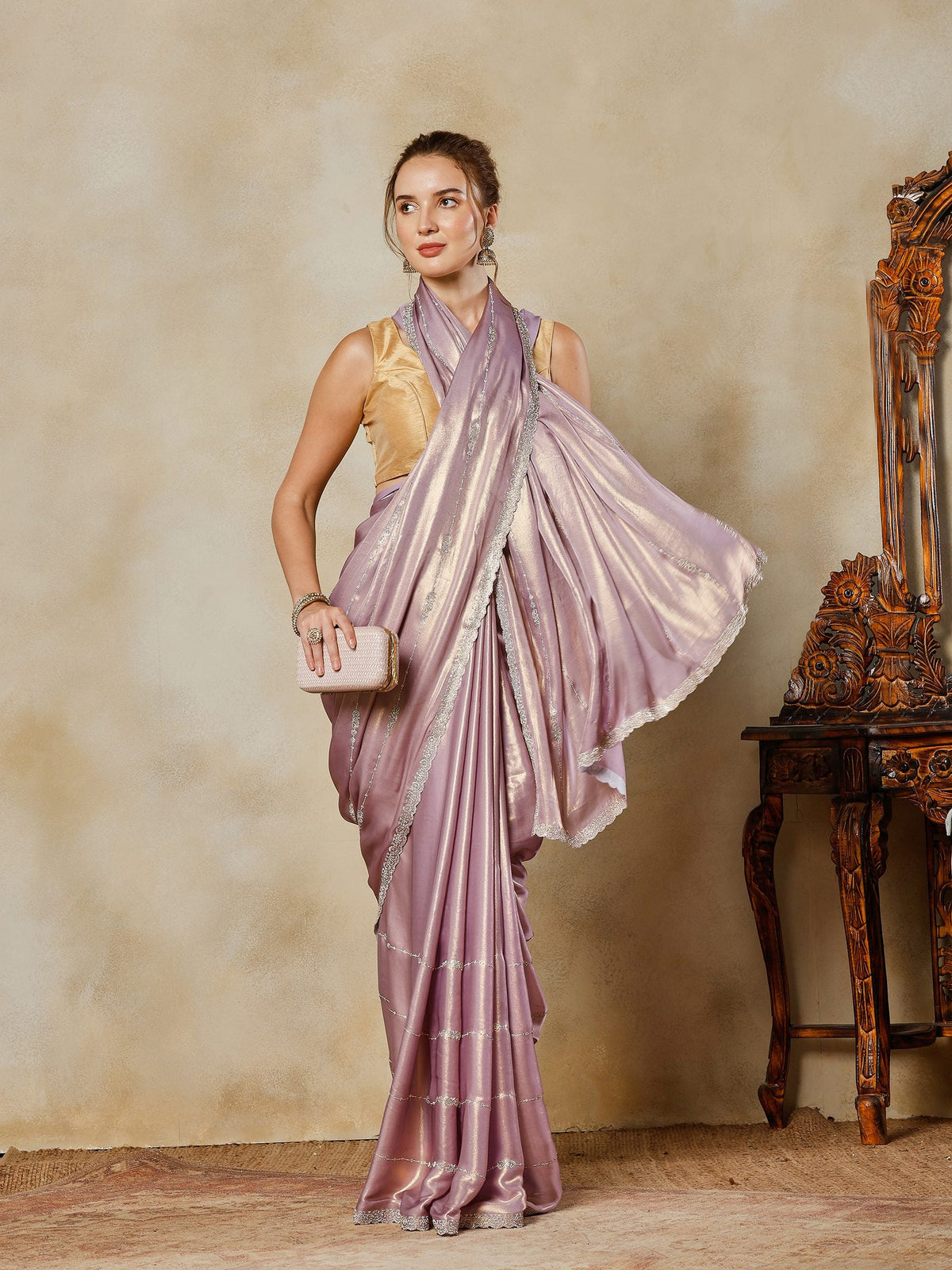 Lavender Embroidered Tissue Saree