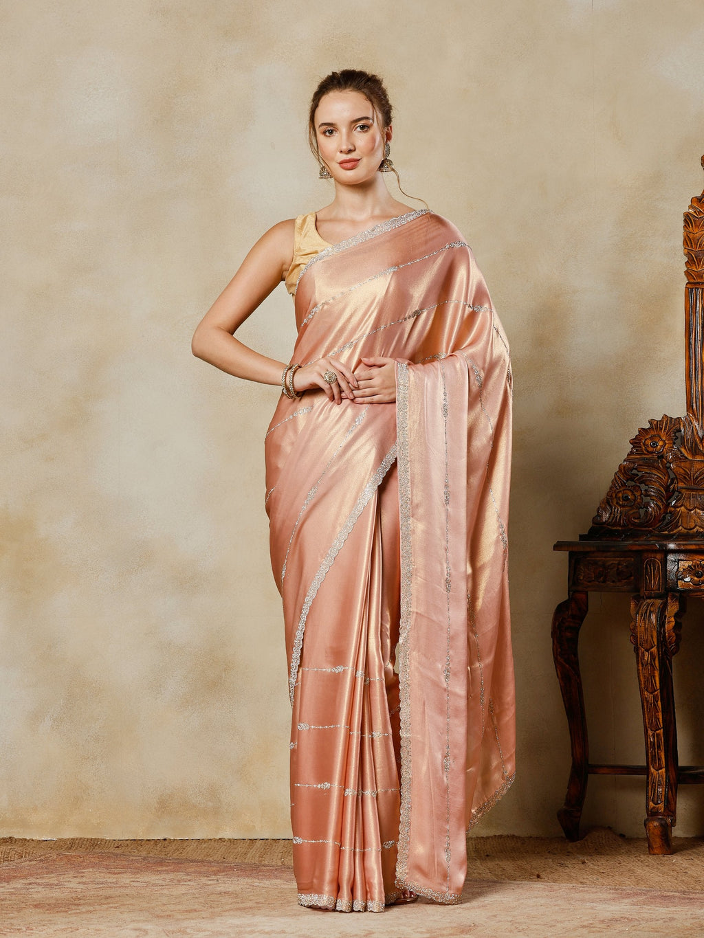 Peach Embroidered Tissue Saree