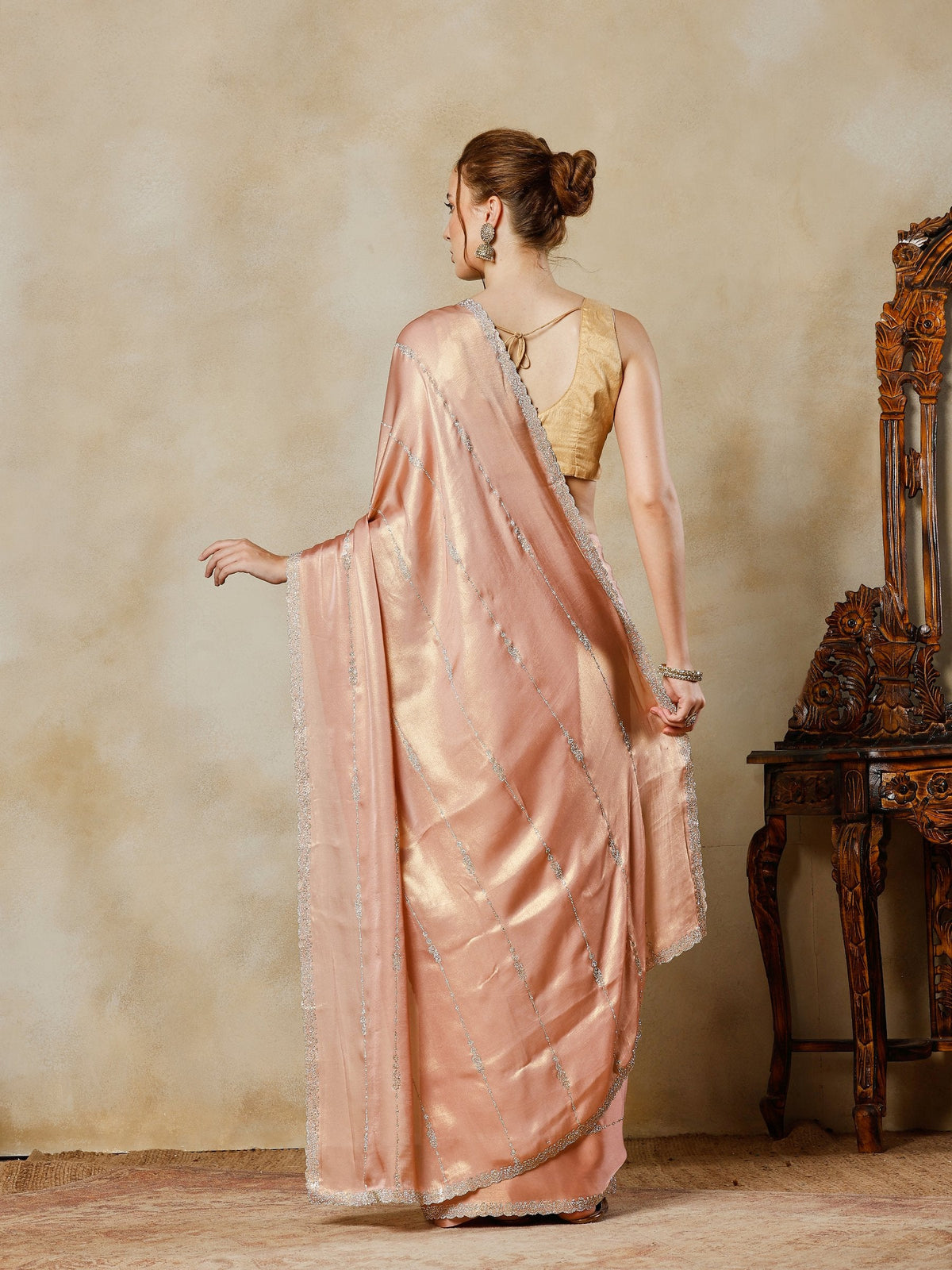 Peach Embroidered Tissue Saree