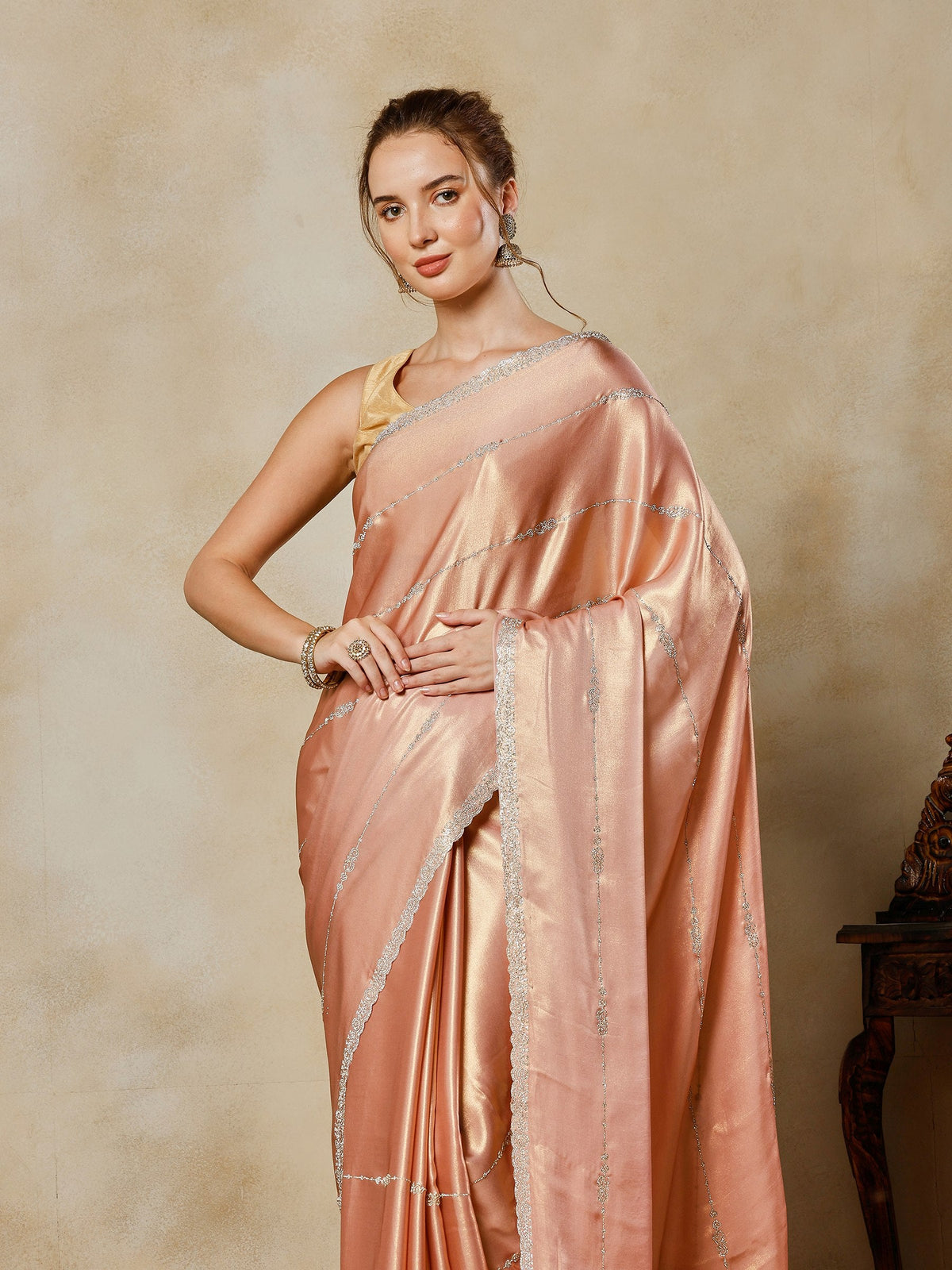 Peach Embroidered Tissue Saree