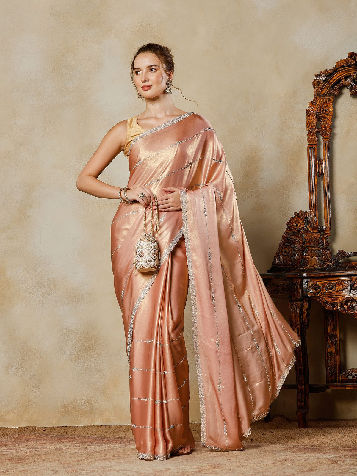 Peach Embroidered Tissue Saree