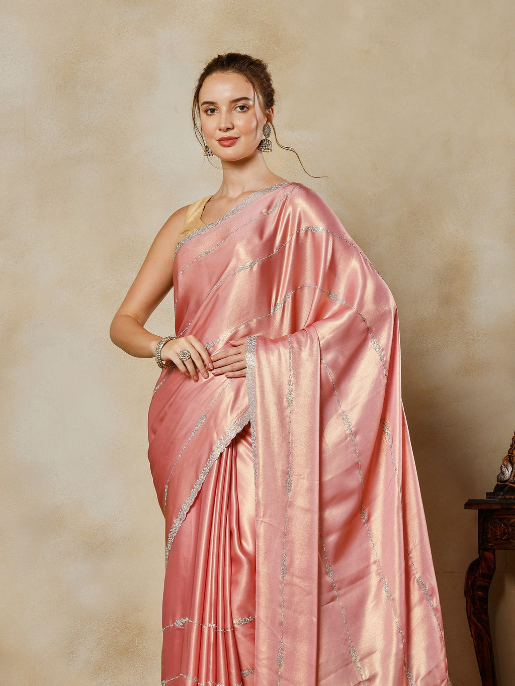 Pink Embroidered Tissue Saree