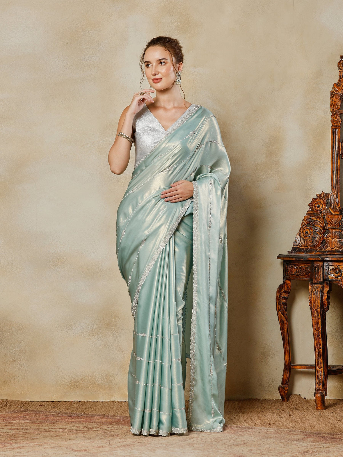 Sea Green Embroidered Tissue Saree