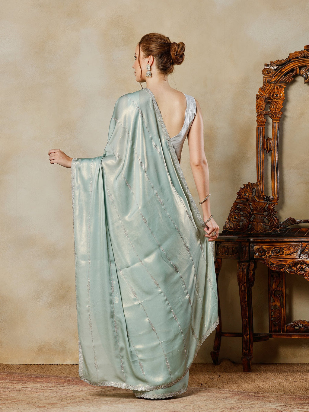 Sea Green Embroidered Tissue Saree