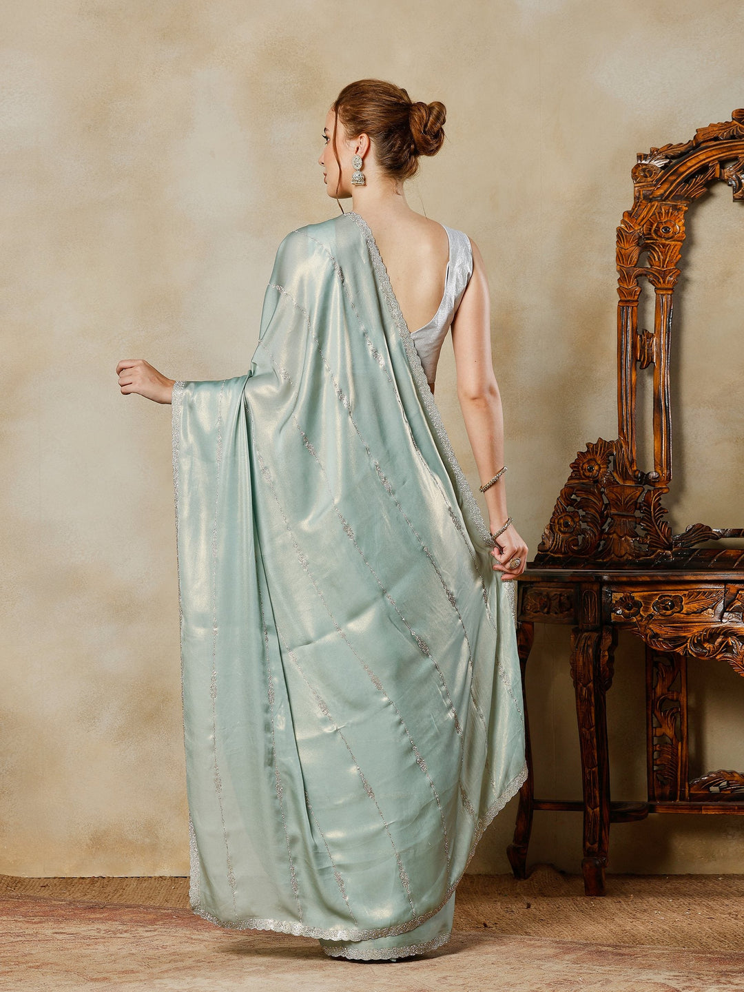 Sea Green Embroidered Tissue Saree