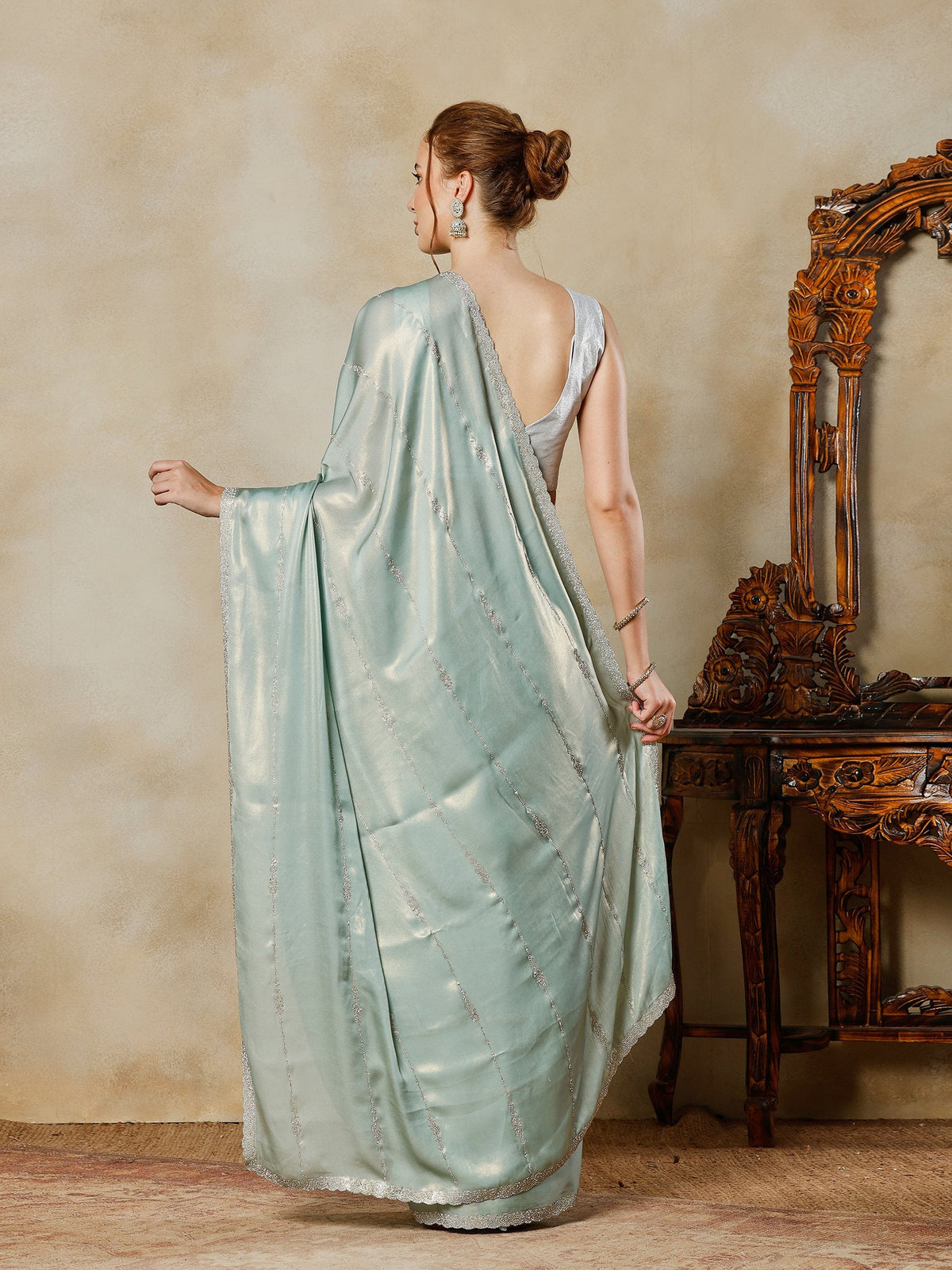 Sea Green Embroidered Tissue Saree