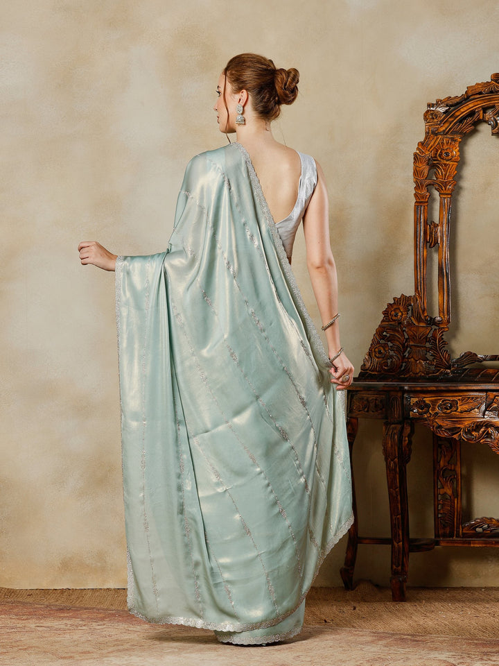 Sea Green Embroidered Tissue Saree
