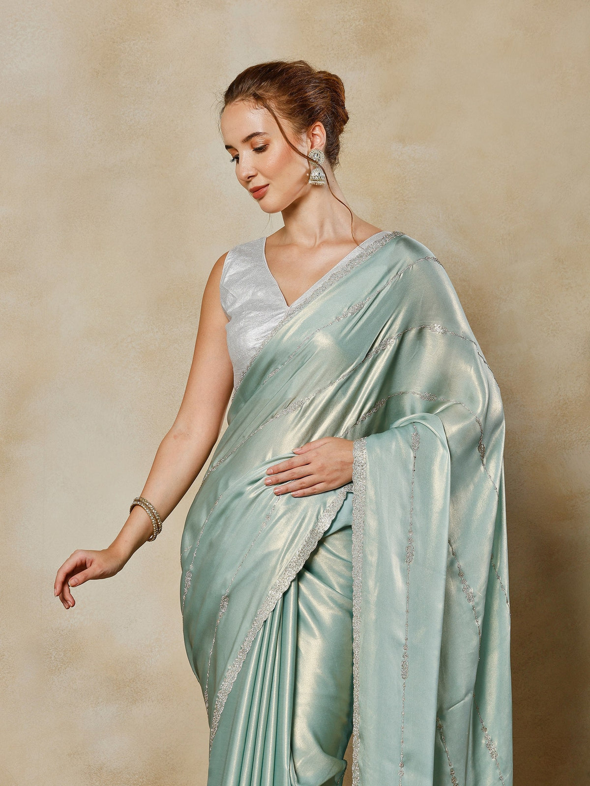 Sea Green Embroidered Tissue Saree