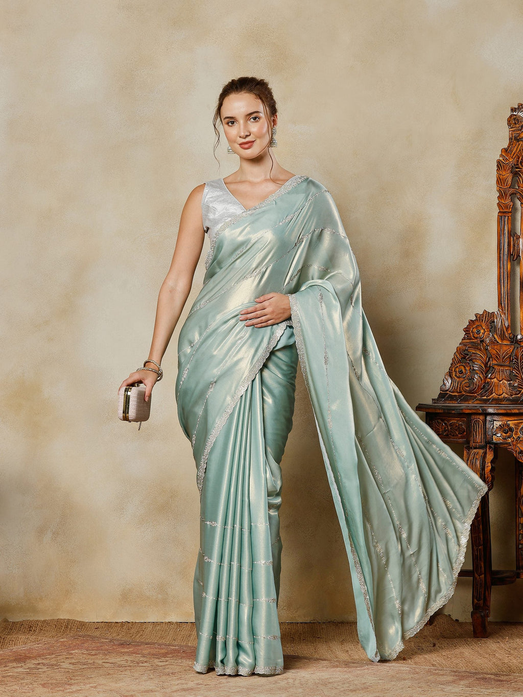 Sea Green Embroidered Tissue Saree
