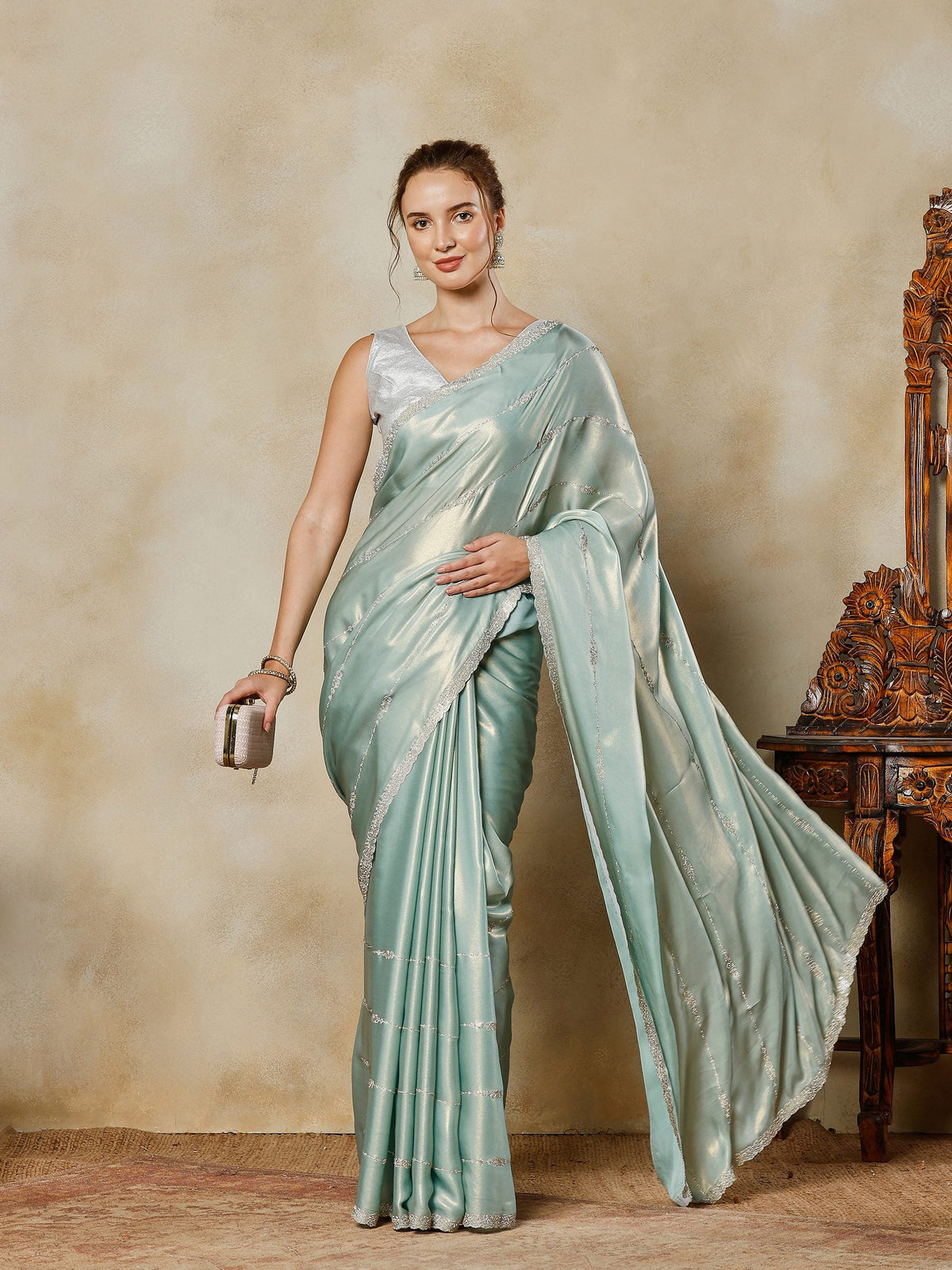 Sea Green Embroidered Tissue Saree