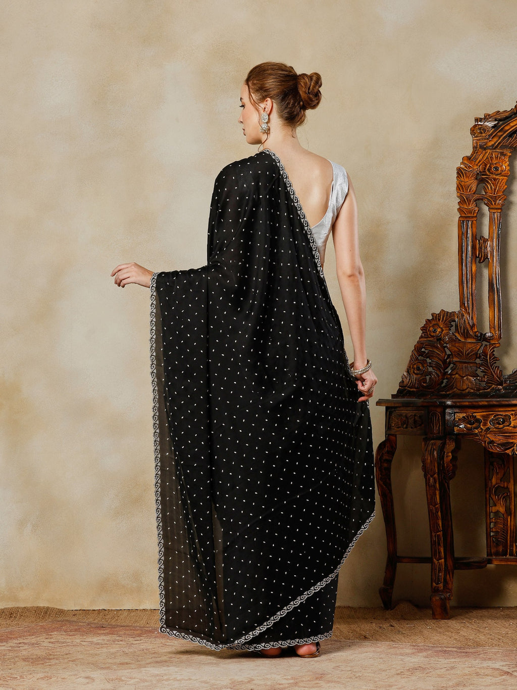 Black Printed Satin Saree