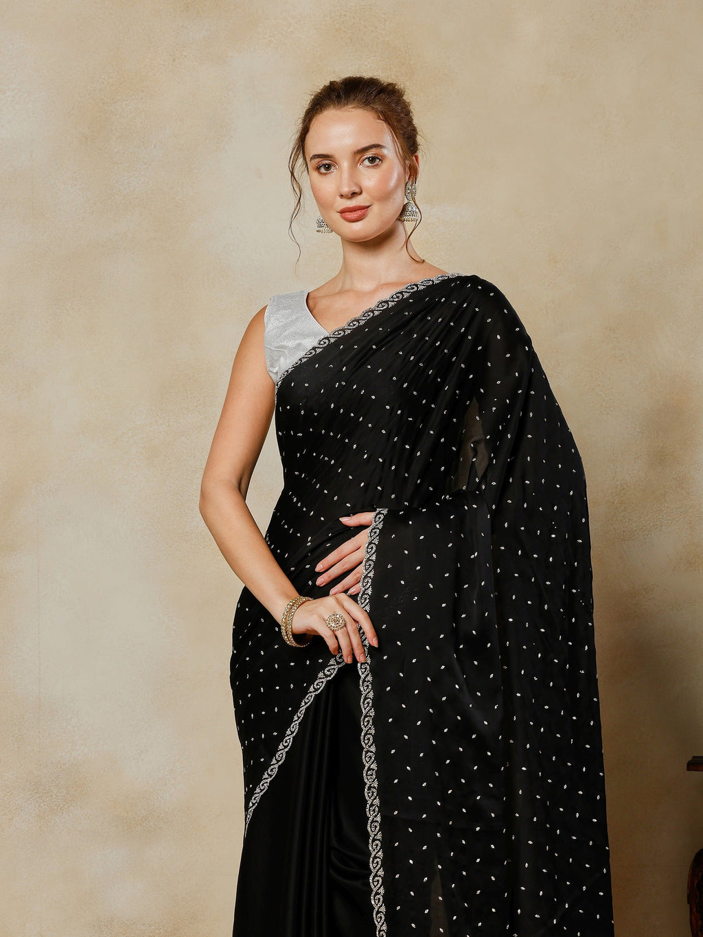 Black Printed Satin Saree