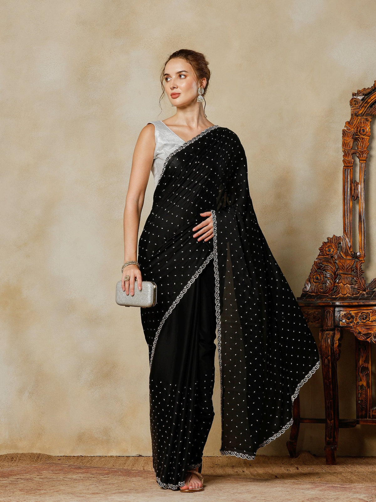 Black Printed Satin Saree