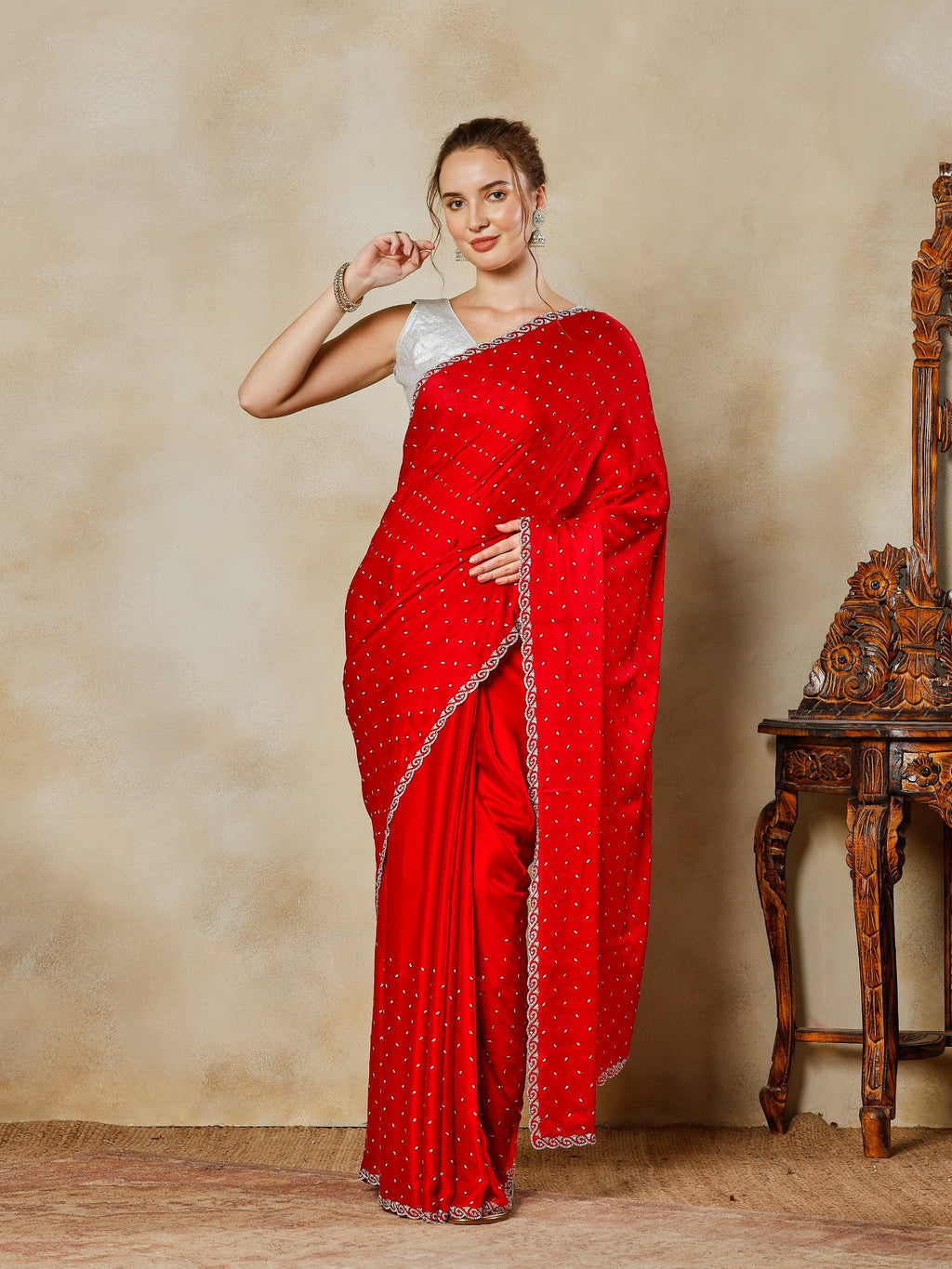 Hot Pink Printed Satin Saree