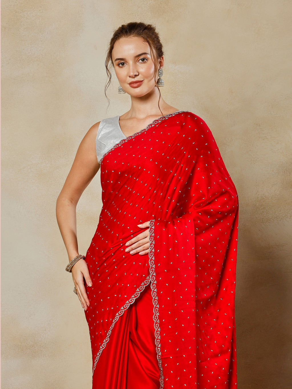 Hot Pink Printed Satin Saree