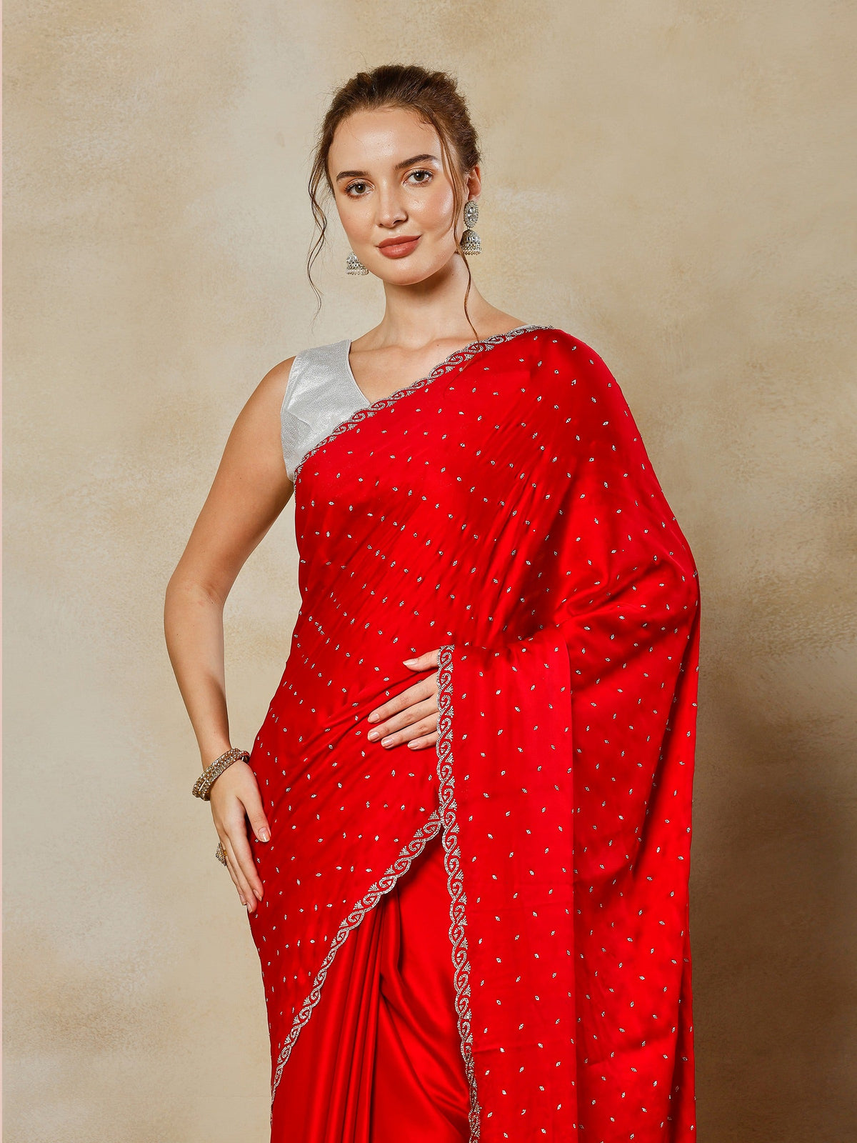 Hot Pink Printed Satin Saree