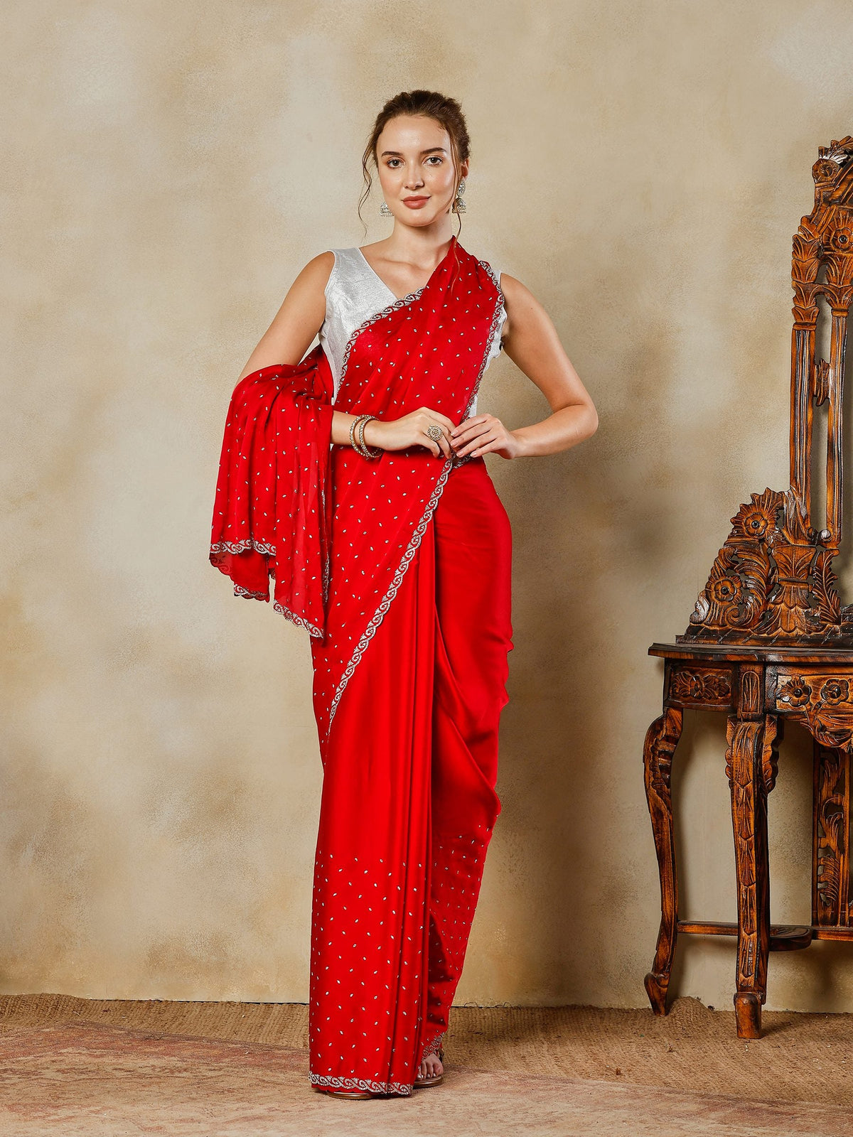 Hot Pink Printed Satin Saree