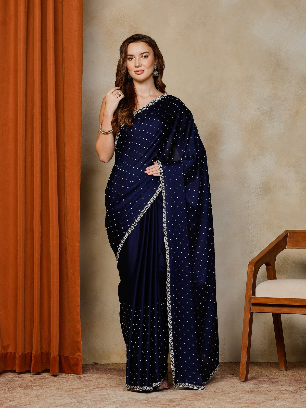 Navy Blue Printed Satin Saree