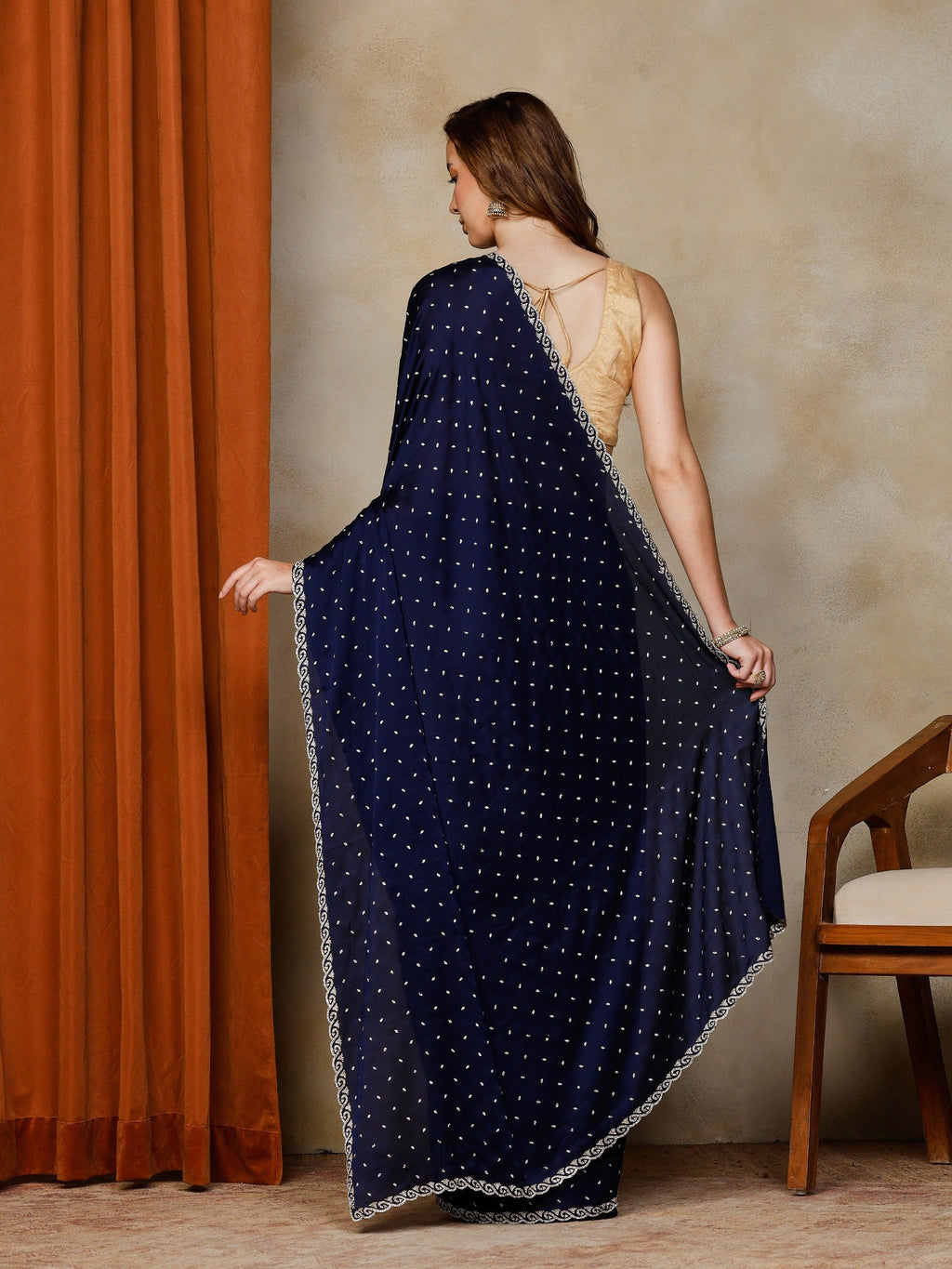 Navy Blue Printed Satin Saree
