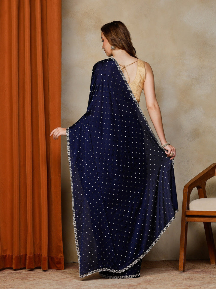 Navy Blue Printed Satin Saree