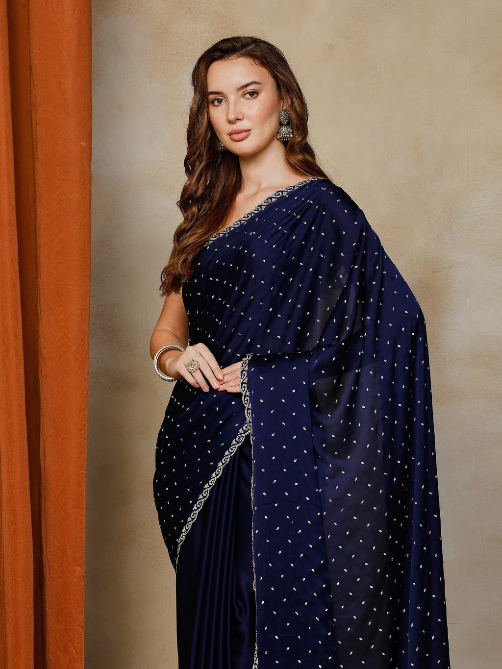 Navy Blue Printed Satin Saree