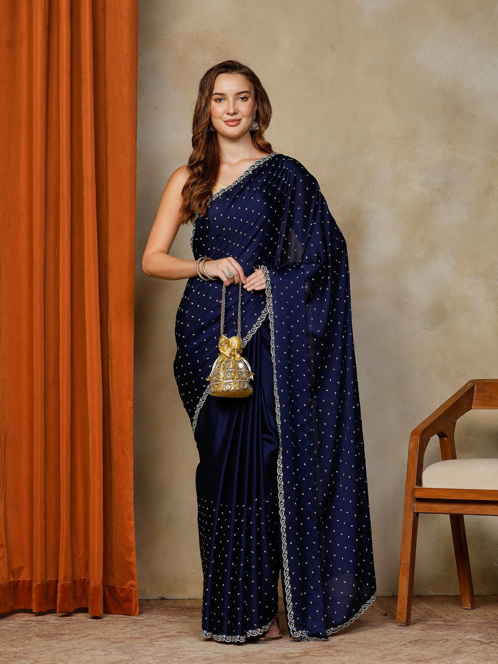 Navy Blue Printed Satin Saree