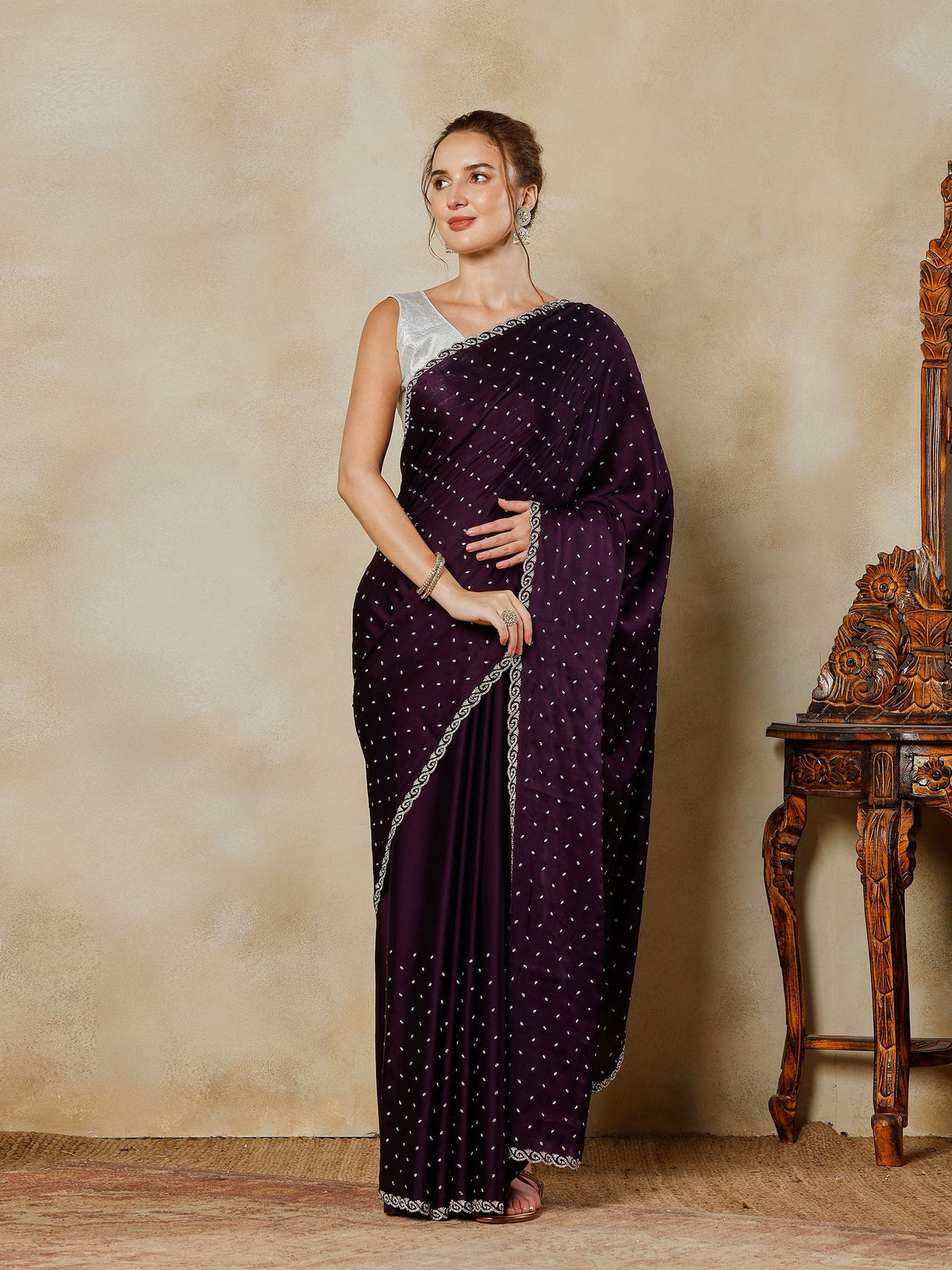 Purple Printed Satin Saree