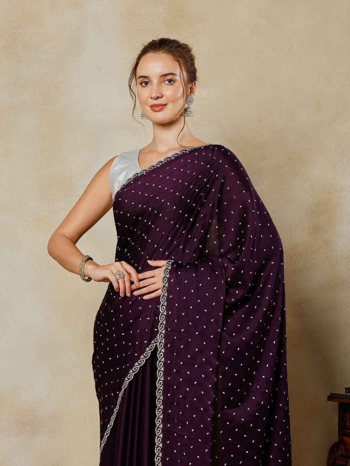 Purple Printed Satin Saree