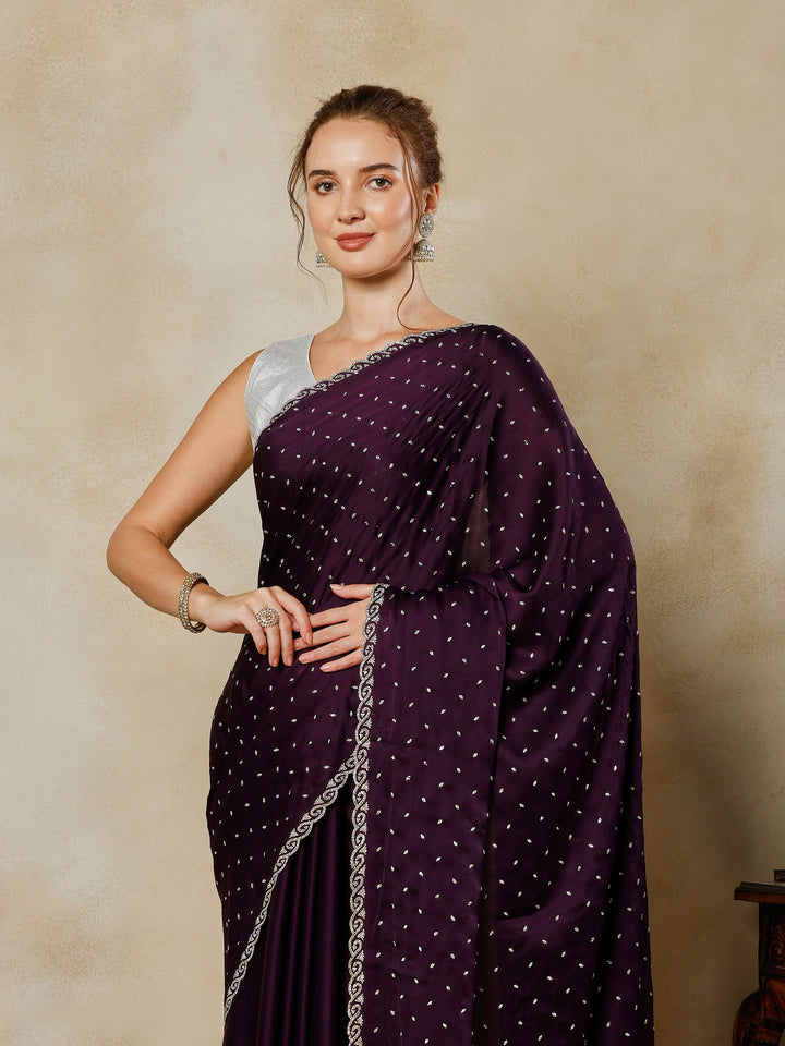 Purple Printed Satin Saree