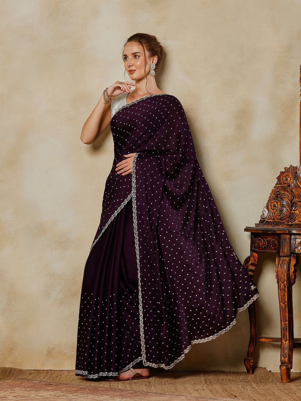 Purple Printed Satin Saree