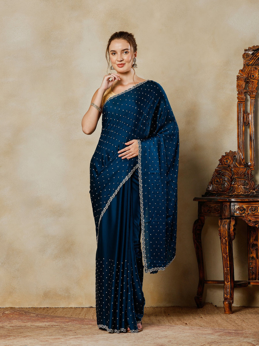 Teal Blue Printed Satin Saree