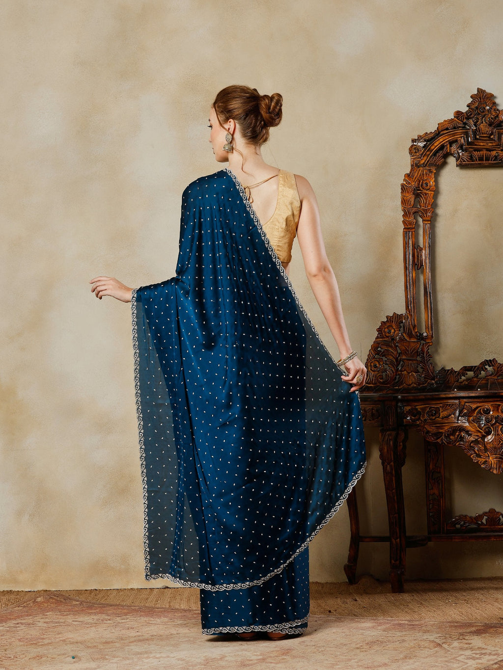 Teal Blue Printed Satin Saree