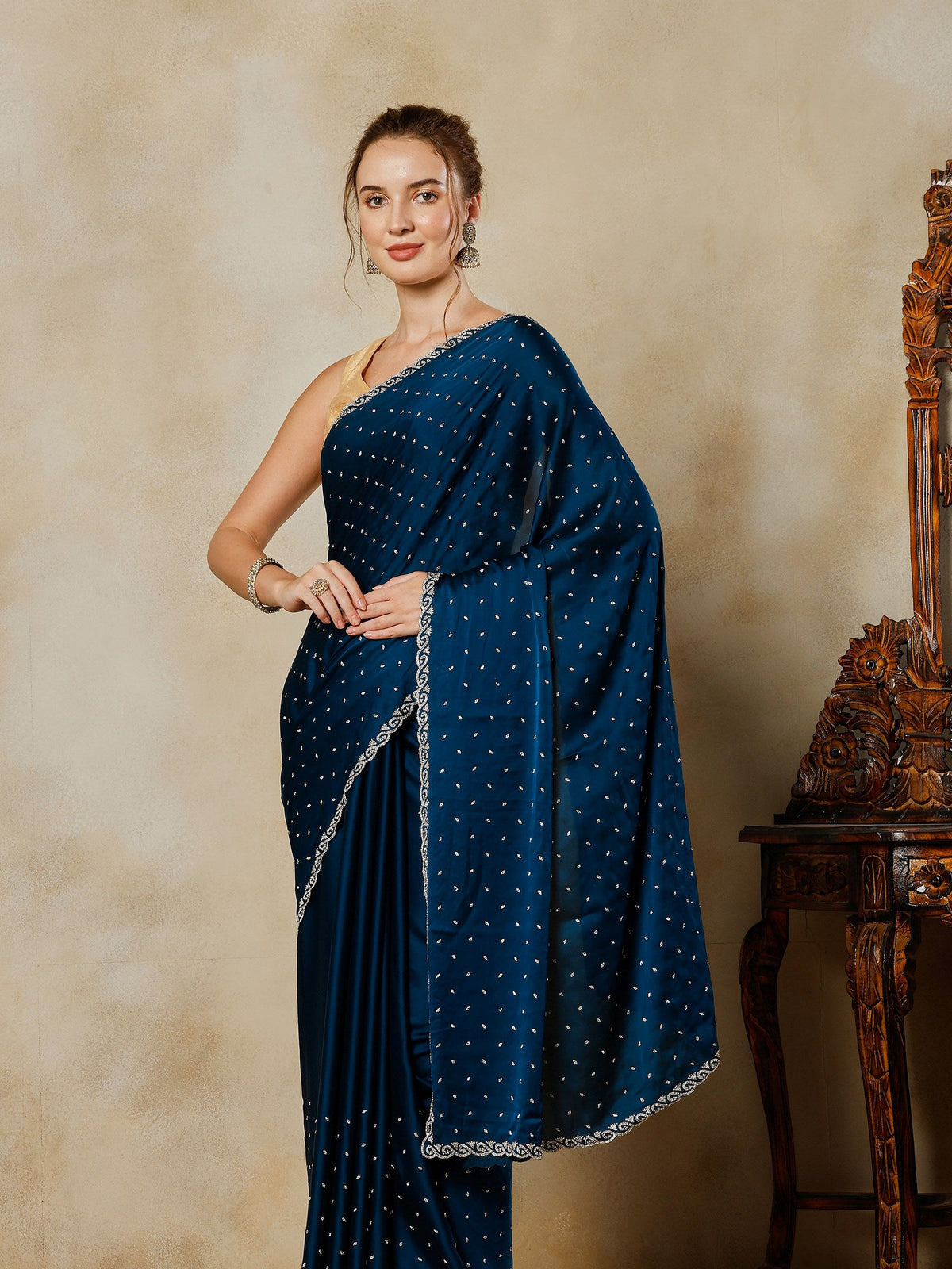 Teal Blue Printed Satin Saree
