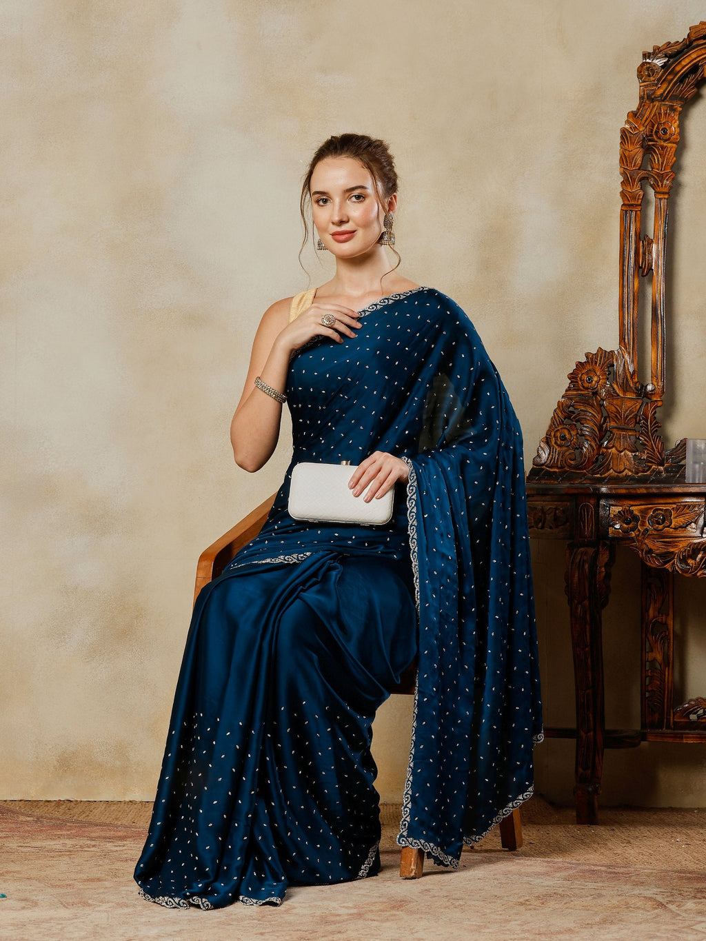 Teal Blue Printed Satin Saree