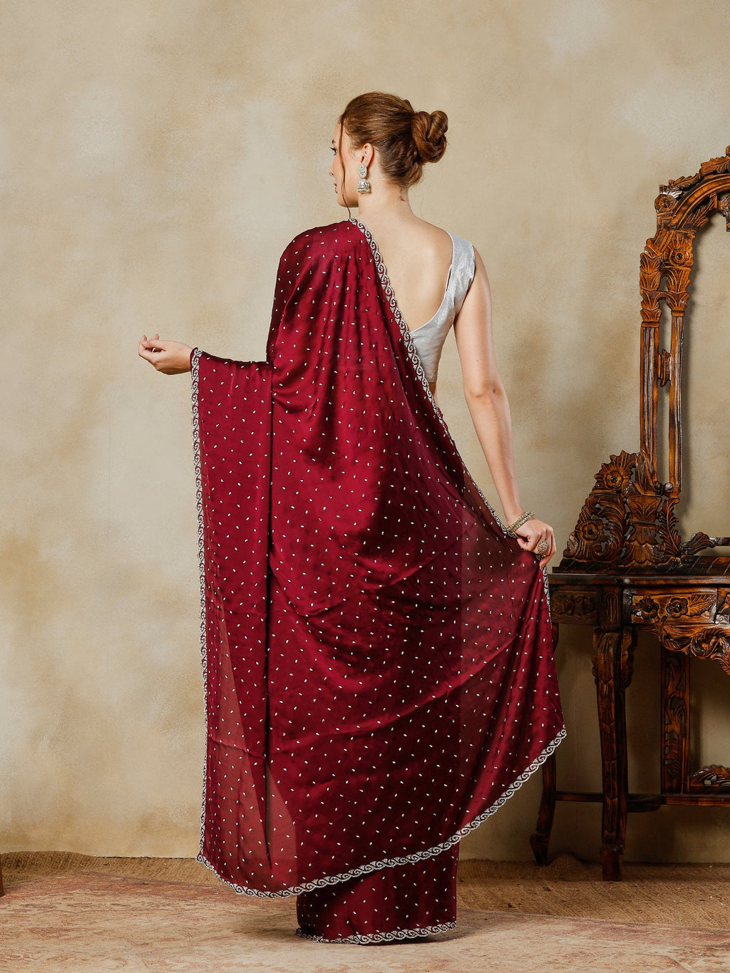 Wine Printed Satin Saree