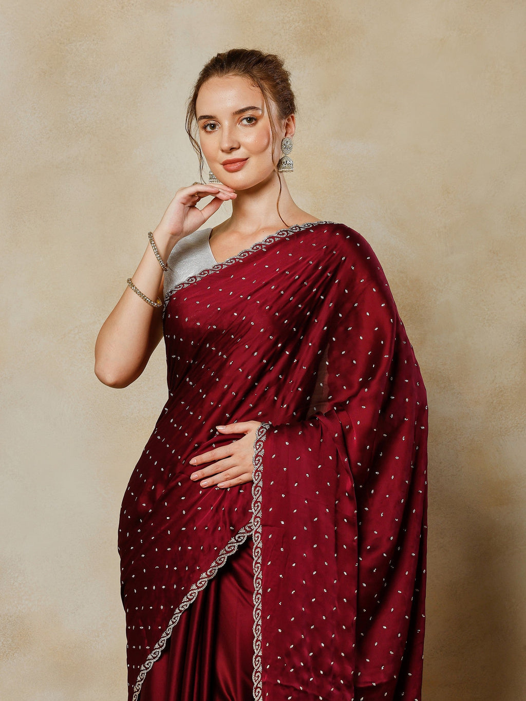 Wine Printed Satin Saree