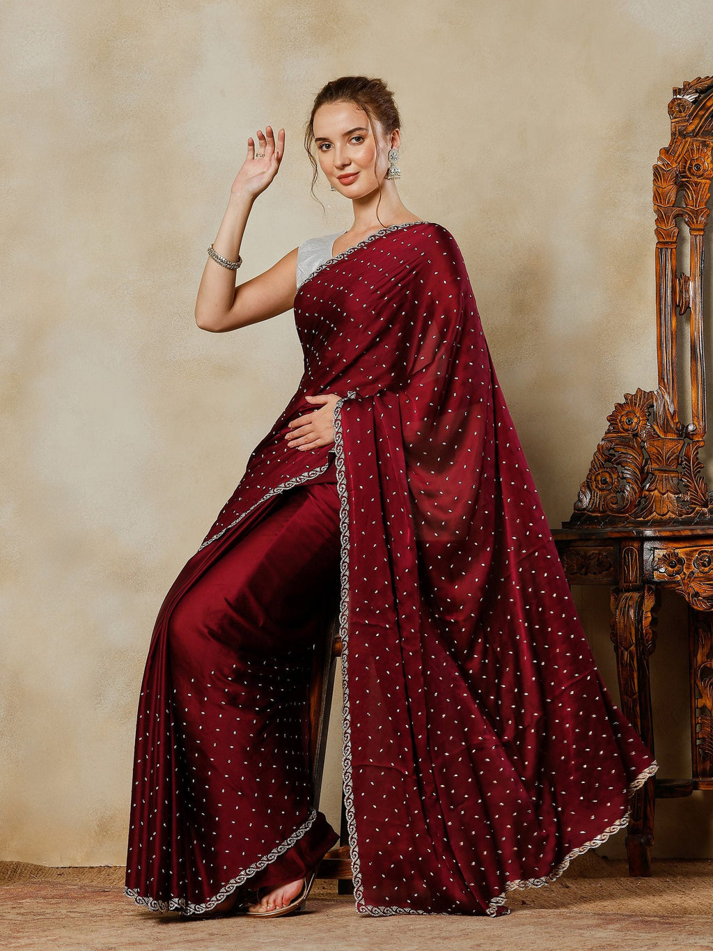 Wine Printed Satin Saree