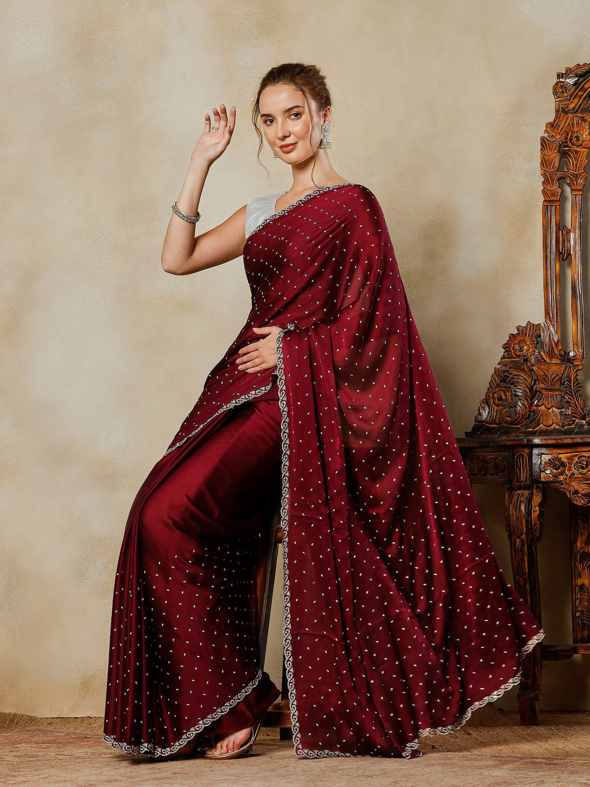 Wine Printed Satin Saree