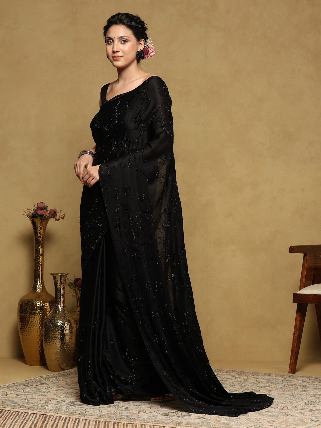 Black Printed Satin Saree