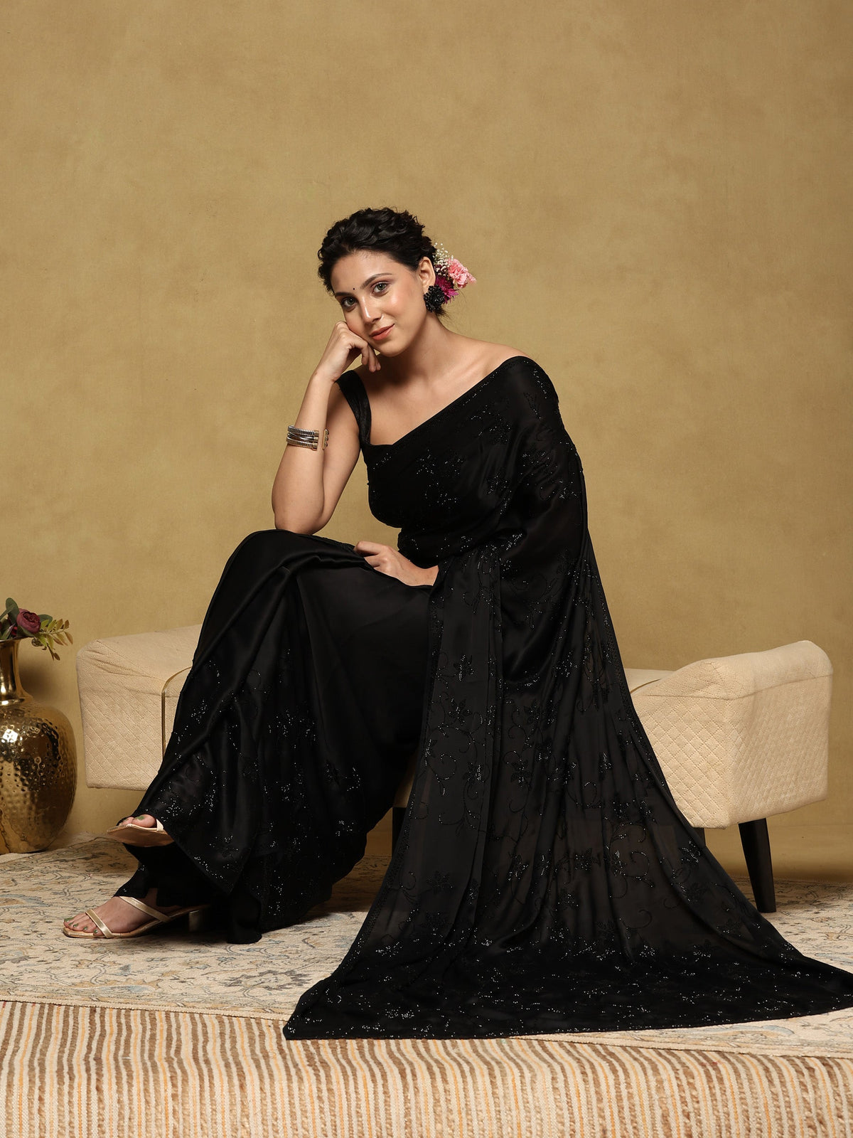 Black Printed Satin Saree