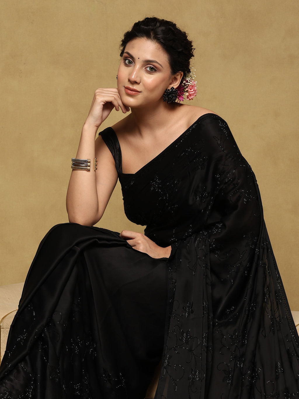 Black Printed Satin Saree
